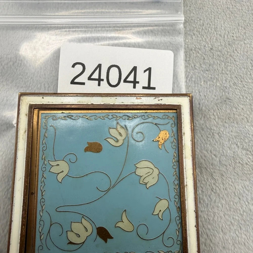 Vintage Cloisonne Enamel Compact‎ Gold Tone Blue Floral Square READ